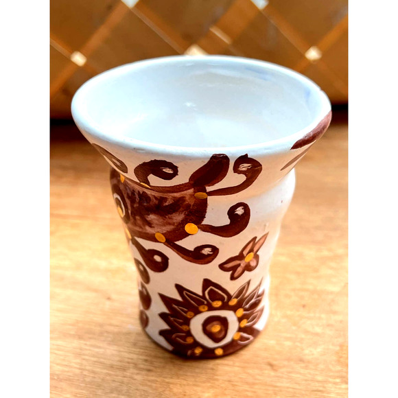 Ceramic Vase/Pen-Pencil Holder Brown Designs on White/Genuine 18k Gold Accents - Picture 1 of 7